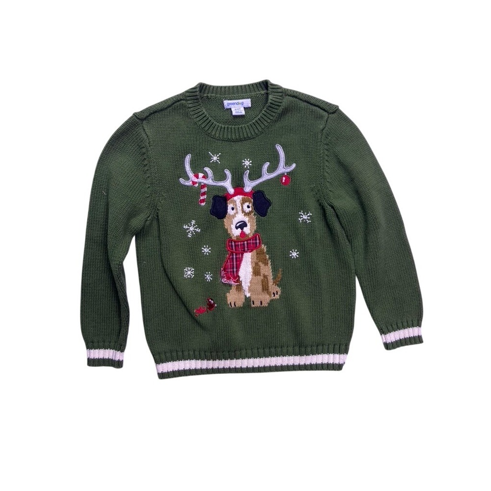 Greendog Sweater Kids 4/4T Green Reindeer Dog‎ Christmas Holiday Pullover